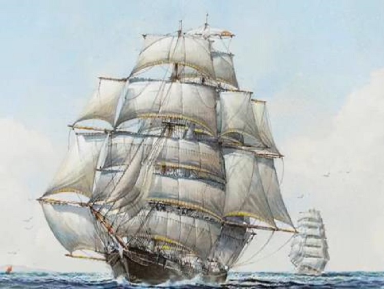 Marine Malerei der Cutty Sark unter Vollzeug der original Takelung
